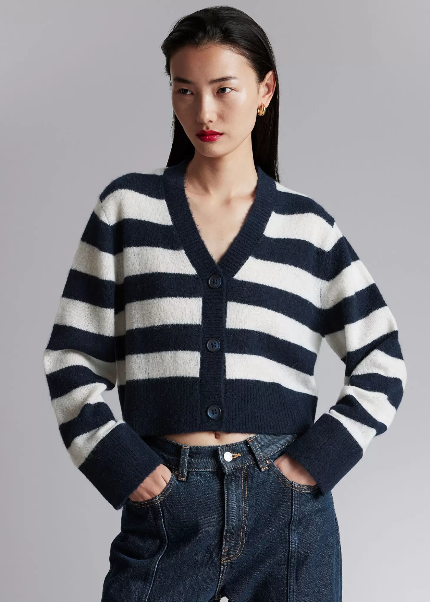Strikkevarer*& Other Stories Cropped Knit Cardigan Marine/Hvite Striper
